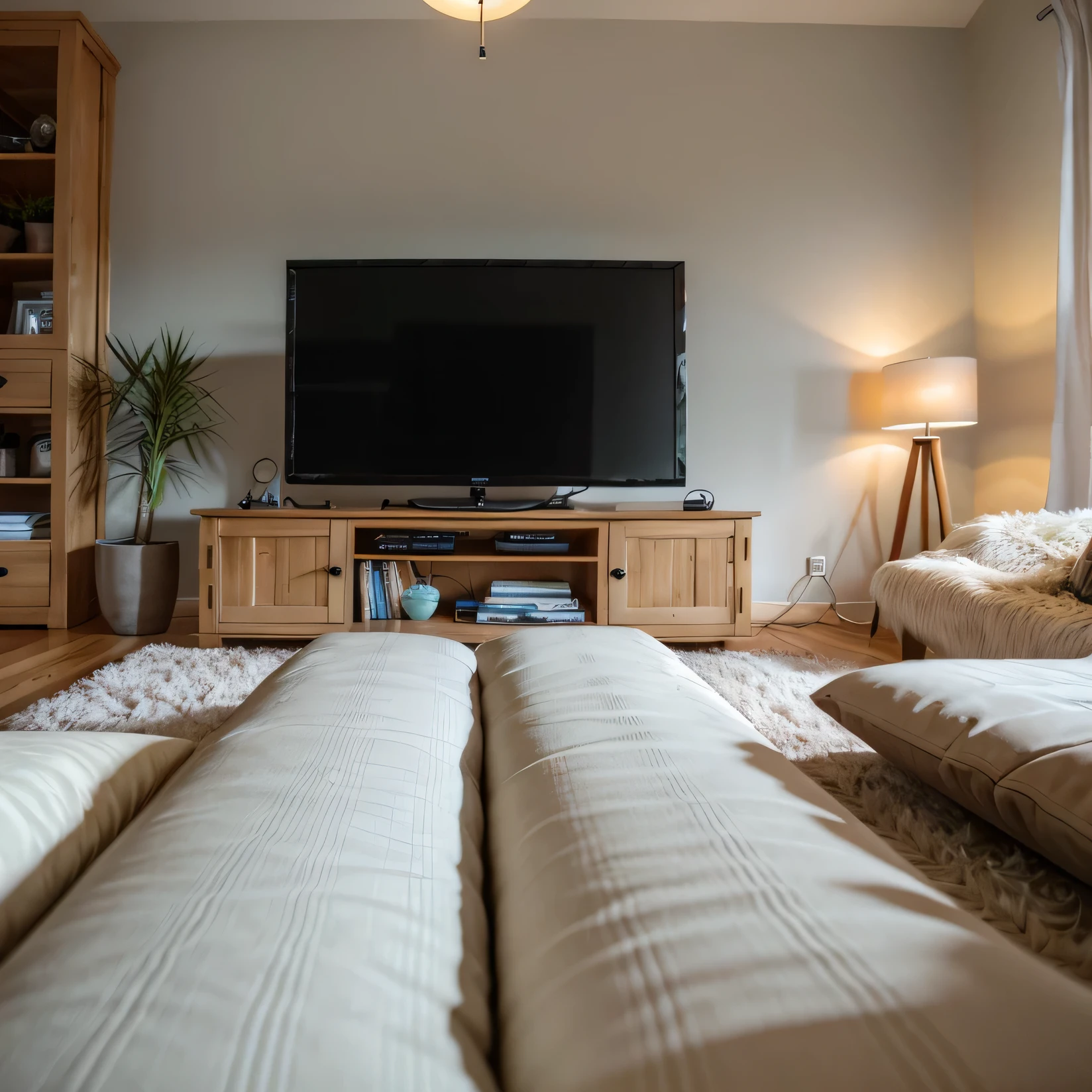 photo of a cosy living room, photo taken from 20cm over ground, camera 20cm over ground