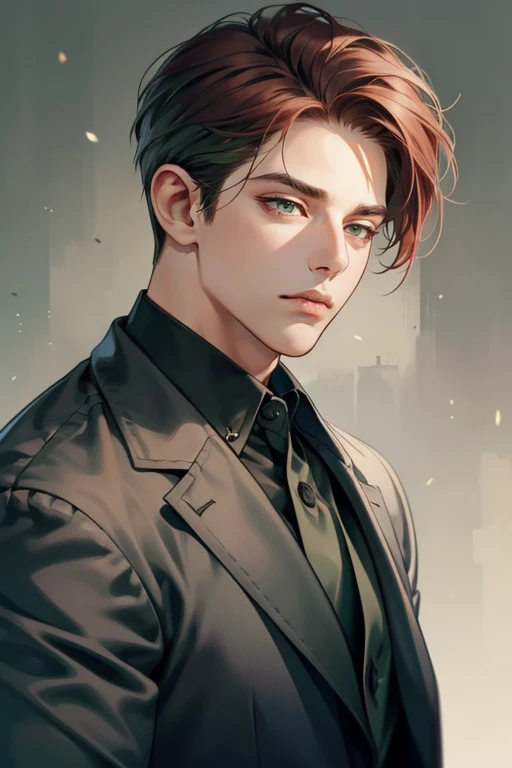masterpiece, best quality, realistic, 1man, mature male, quiet and charming young man, 31 years old, close his eyes, serious, closed mouth, extremely detailed face, cold, ((dark grey green eyes)), ((short-right-swept dark red hair)), [thick eyebrows], (mafia), ((black suit)), accurate, detailed