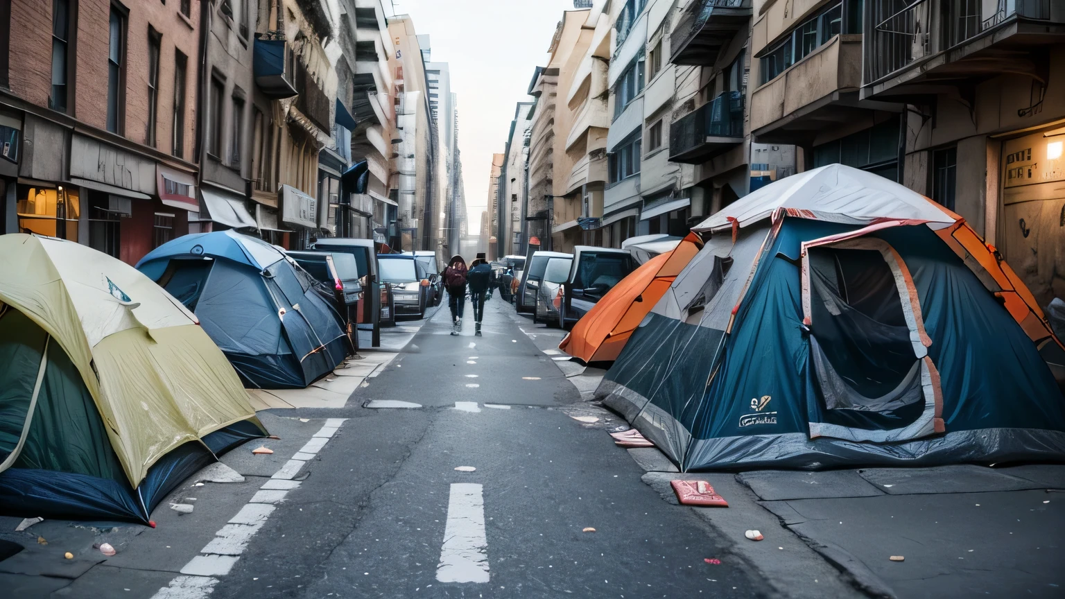 a camping tent in the middle of dirty street. poverty, a lot of people homeless living in tents