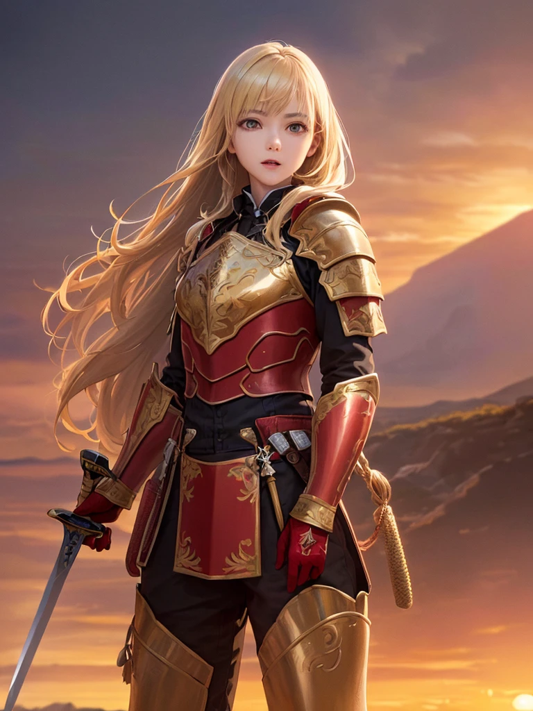 (Highest quality、8k、32K、masterpiece)、(Realistic)、(Realistic:1.2)、(High resolution)、Very detailed、とても美Funny faceと目、(((Women's Solo Shot)))、Tight waist、(Highest quality、Attention to detail、Rich skin detail)、(Highest quality、8k、Oil paints:1.2)、(Realistic、Realistic:1.37)、Bright colors、(((Cowboy Shot)))、(((Blonde Hair)))、(((Long Hair)))、(((He has a good looking face.)))、((Rin々Funny face))、(((Sunset sky)))、(((I have a sword)))、(((Standing in the wilderness)))、(((Wearing red armor)))、(((I'm ready to fight)))、Blonde