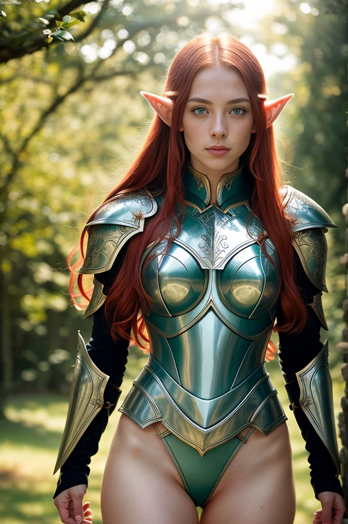 Masterpiece, a beautiful female elf knight (Lily Larimar 1.0), bright eyes, red hair, broad shoulders, strong body, high detail pale skin with light freckles, high detail filigree elf armor, outside, (skin texture:1.1), best quality, ultra high res, Raw photo, Nikon D850, backlight, rimlight, bright sunlight, film grain:1.2, (warm hue, warm tone:1.2), (color photo), fantasy castle background