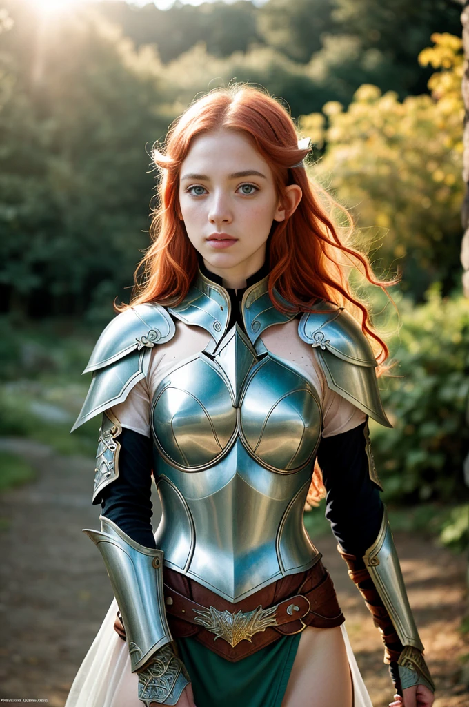 Masterpiece, a beautiful female elf knight (Lily Larimar 1.0), bright eyes, red hair, broad shoulders, strong body, high detail pale skin with light freckles, high detail filigree elf armor, outside, (skin texture:1.1), best quality, ultra high res, Raw photo, Nikon D850, backlight, rimlight, bright sunlight, film grain:1.2, (warm hue, warm tone:1.2), (color photo), fantasy castle background