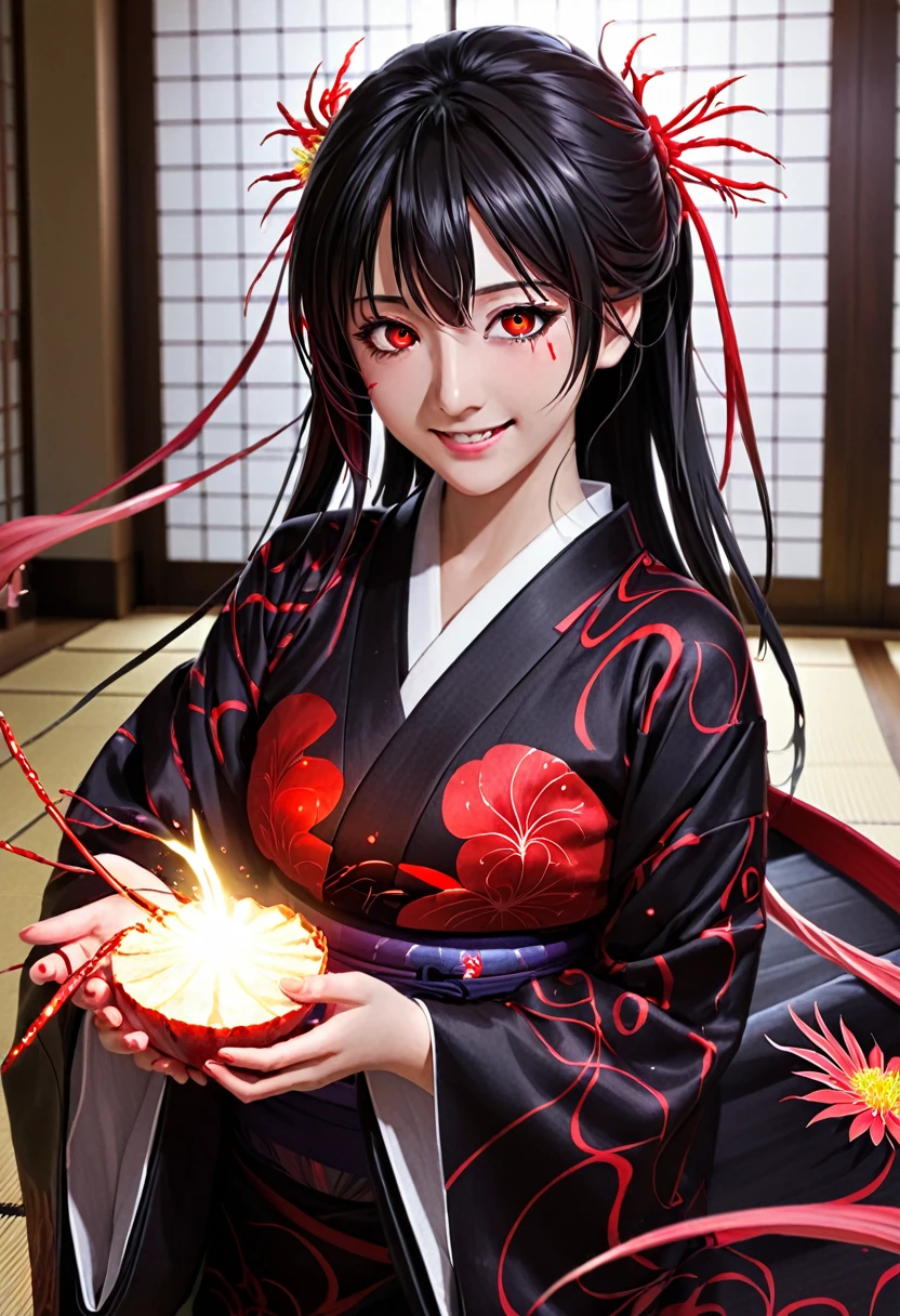 Top quality masterpiece, Akagi V5, One girl, alone, Black Hair, black kimono, Brown tail, Partially fingerless gloves, kimono, kimono, Long Hair, View your viewers, ((Red eyes)), smile, Glowing Eyes, put your hand on your face, Red spider lily, Sakuramon, ((Blood swirl)), (Yandere:1.4), (Glowing Eyes:1.4), Crazy Eyes, Big Butt,Big Breasts,Nipples,Face with blood