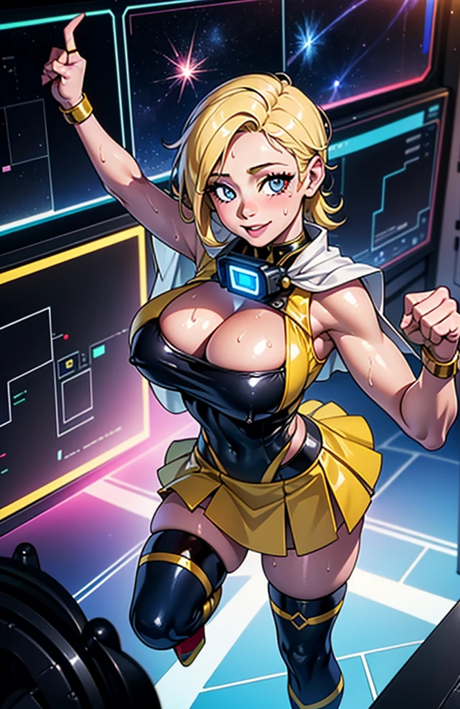 Digital painting of muscle girl, (red:1.0) mixed blue mixed white mixed yellow costume (mixed color costume:1.5), pose, fist up, ((from above)), 1knee up, Behance Contest Winner, Afrofuturism, Synthwave, neon, glowing neon, (((sagging massive breasts))), mini highschool skirt, cape, sweat, glossy silky skin, smile, cute face, in space, flash light, plasma spark, bomber,