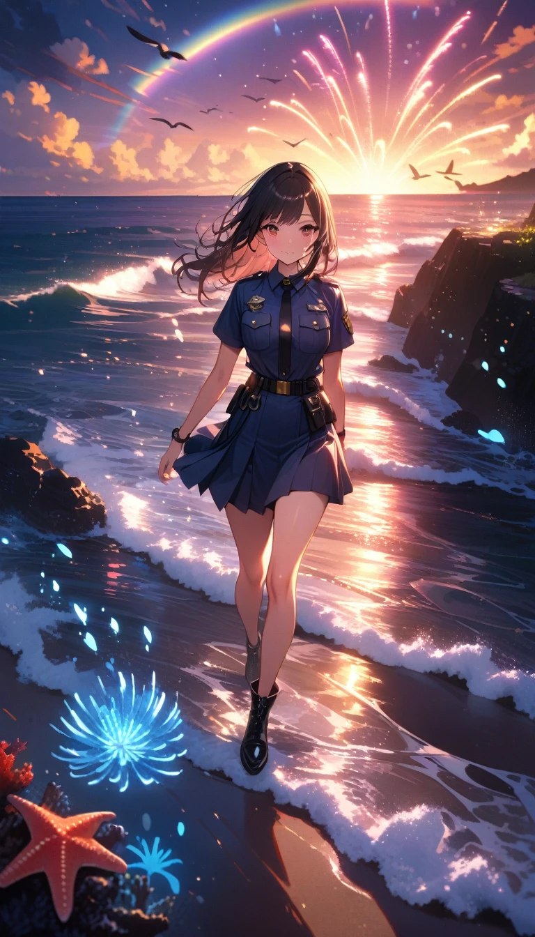 ((best quality)) , ((masterpiece)) , (detailed)，1girl，female police officer, spitting in the mountain ditch,((full body))，walking, waves, wind,(((glistening light of waves))),(detailed sunset glow),(floating flow),((coral)),(Luminous),coast,(floating colorful bubbles),beautiful detailed sky,(fluorescence),detailed shadow,(conch),beautiful detailed water, starfish, meteor, rainbow,(seabirds),(glinting stars), (glowworm),(splash),detailed cloud, shell,(fireworks)