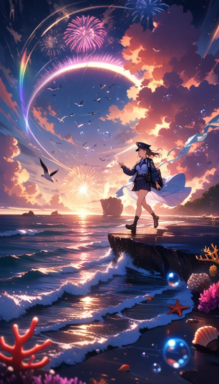 ((best quality)) , ((masterpiece)) , (detailed),1girl,female police officer, spitting in the mountain ditch,((full body)),walking, waves, wind,(((glistening light of waves))),(detailed sunset glow),(floating flow),((coral)),(Luminous),coast,(floating colorful bubbles),beautiful detailed sky,(fluorescence),detailed shadow,(conch),beautiful detailed water, starfish, meteor, rainbow,(seabirds),(glinting stars), (glowworm),(splash),detailed cloud, shell,(fireworks)