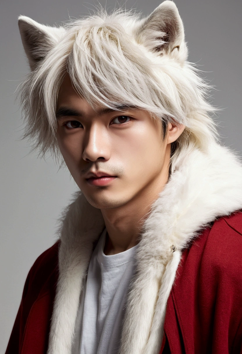 masterpiece,Bright eyes, panoramic, character focus, solo, Hairy male wolf, Off-white fur, No同颜色的眼睛,Casual Clothing,Young Style,Cold attitude,Height 1.7 meters,Very handsome, Has a tail,Rest, rest, rest,No,Vector,Line Art,Red and white hair color
