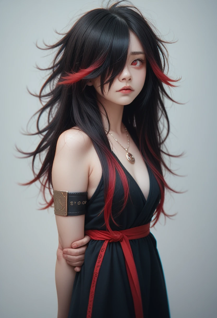 best quality, Intricate details, Chromatic Aberration, 1 Girl, Long hair, Black Hair, Messy hair, Red highlights, Hair covering one eye, Red Eyes, Sharp eyes, Necklace,, , armband, Put your hands behind your back, Arm,