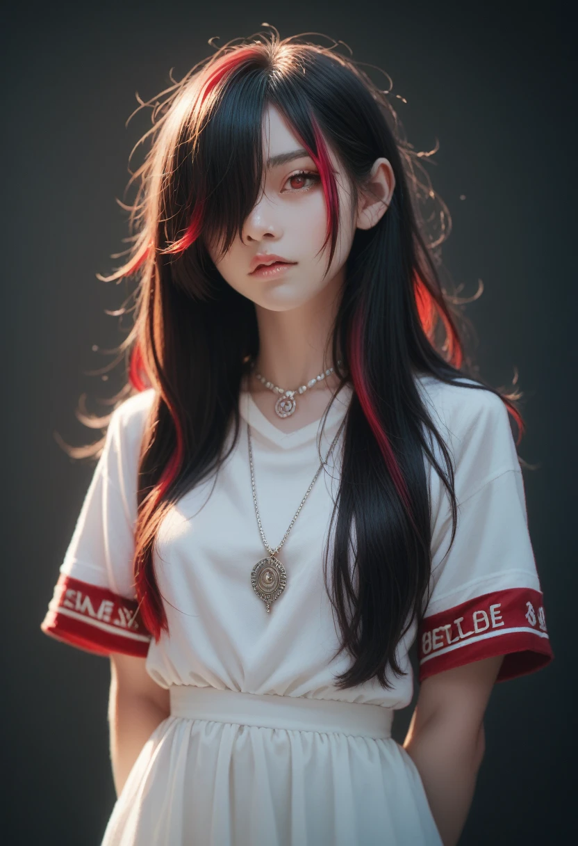 best quality, Intricate details, Chromatic Aberration, 1 Girl, Long hair, Black Hair, Messy hair, Red highlights, Hair covering one eye, Red Eyes, Sharp eyes, Necklace,, , armband, Put your hands behind your back, Arm,  