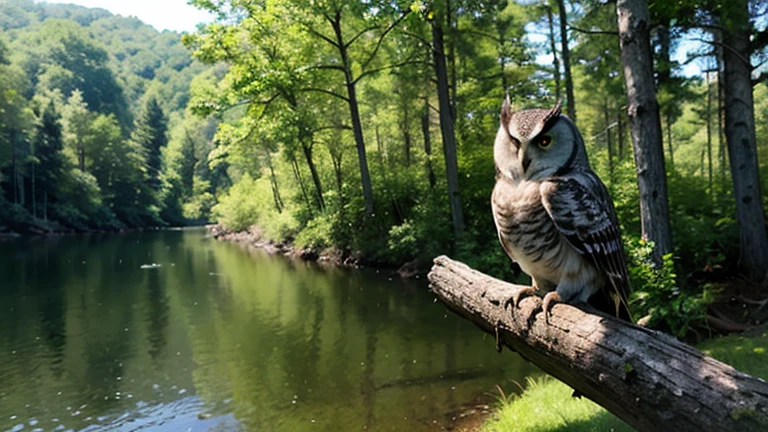 Lakeside in deep forest、A creepy owl perched on a tree in the forest、Only the owl's eyes and the moonlight are bright、Deep darkness spreads、Darker、midnight、