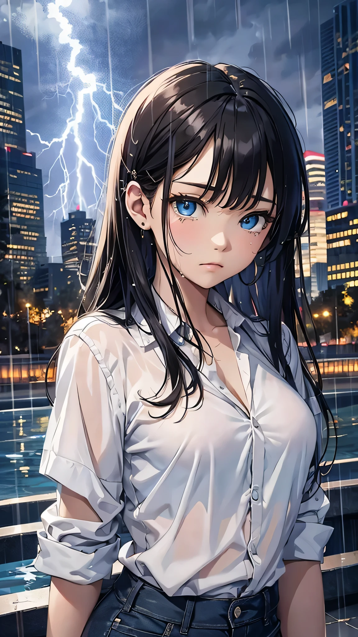最high quality、Best image quality、masterpiece、With a girl((cute、、Best Bust、Medium Bust、Beautiful Blue Eyes、Spread your chest wide,Black Hair、Disheveled Hair、thin、Highest Valley、white open Y shirt,Black trousers、Teary whole body is wet、cry、Sad face)）high quality、Beautiful art、background((night、heavy rain、City、Lightning strikes、fountain park)),Tabletop、Exquisite design、Visual Arts、Written boundary depth、Best lighting、Highest detail、8ｋ