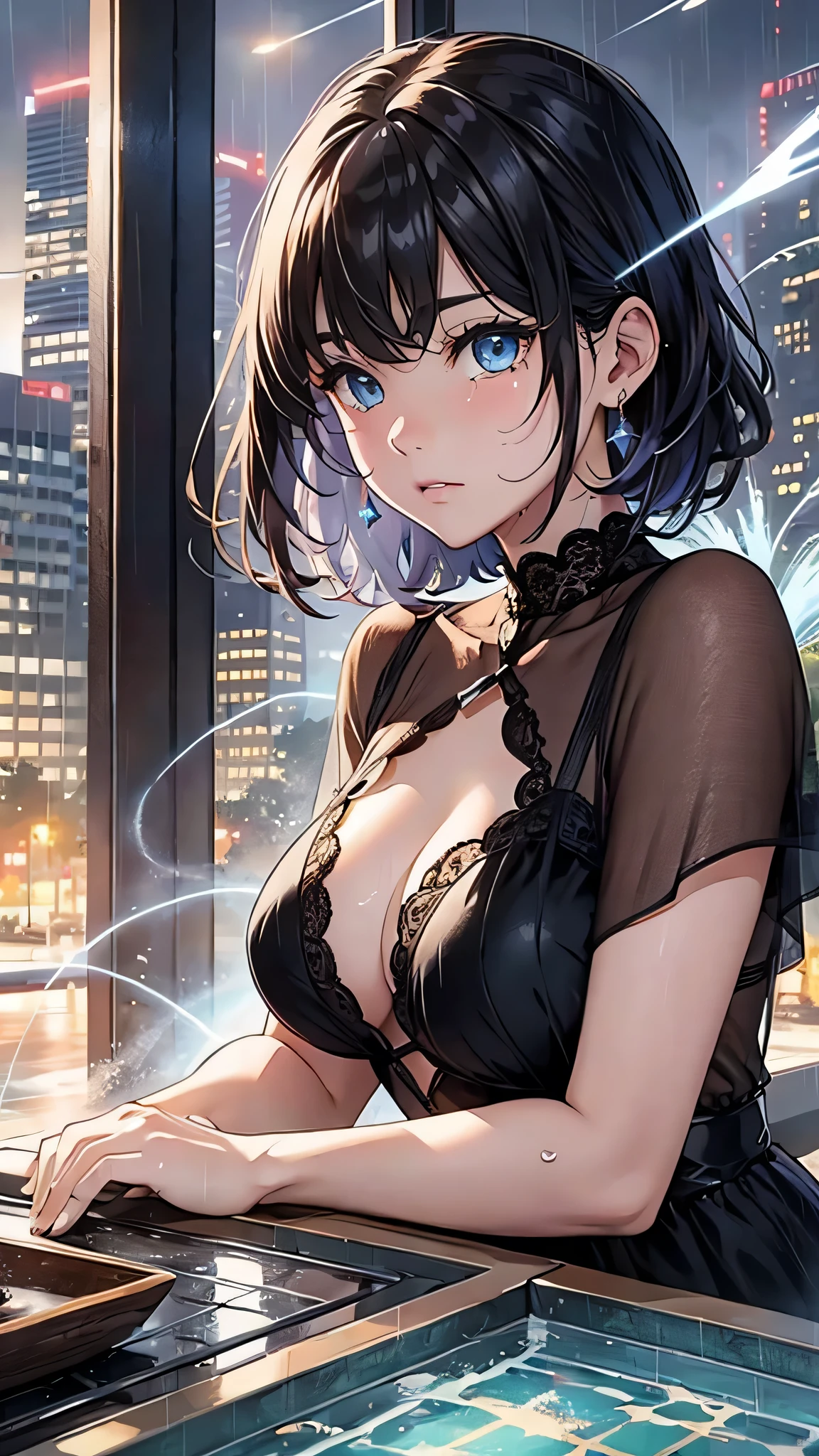 最high quality、Best image quality、masterpiece、With a girl((cute、、Best Bust、Medium Bust、Beautiful Blue Eyes、Spread your chest wide,Black Hair、Disheveled Hair、thin、Highest Valley、Black Dress、Teary whole body is wet、cry、Sad face)）high quality、Beautiful art、background((night、heavy rain、City、Lightning strikes、fountain park)),Tabletop、Exquisite design、Visual Arts、Written boundary depth、Best lighting、Highest detail、8ｋ