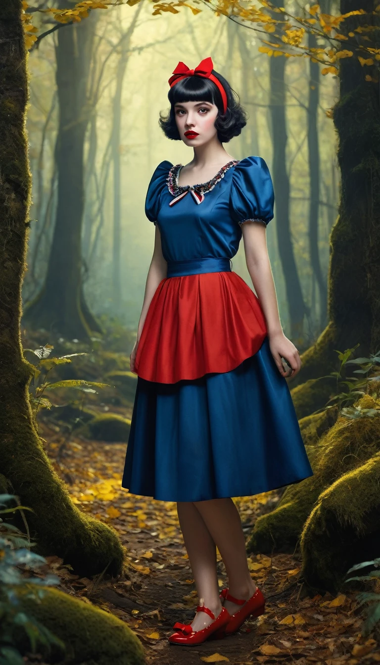 a young woman with very white skin, big brown eyes, and red lips. He has short black hair, hairstyle in a classic style with a red headband with a bow. She wears a blue dress with puffed sleeves decorated with red details, and a long yellow skirt. He wears yellow shoes with bows., lost in the forest, 70s dark fantasy art,