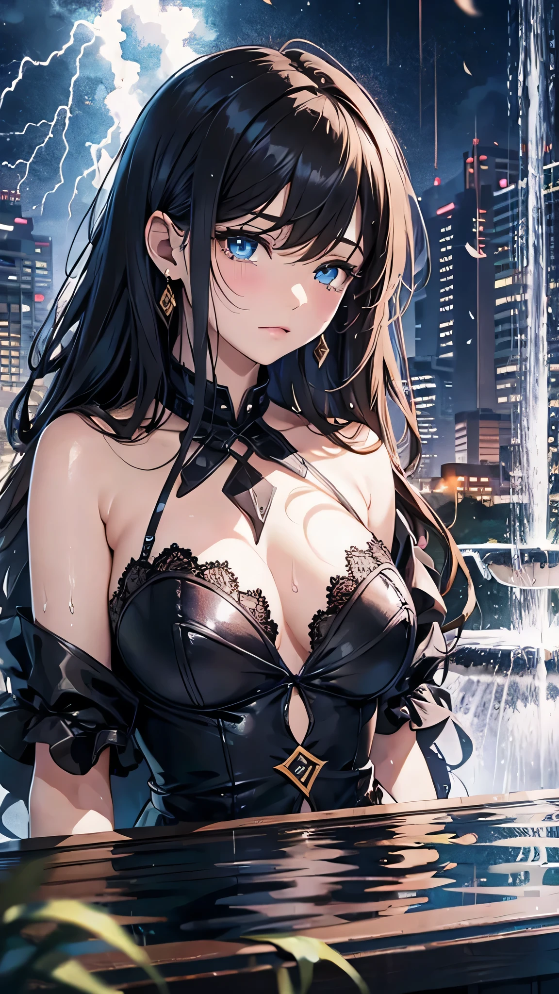 最high quality、Best image quality、masterpiece、With a girl((cute、、Best Bust、Medium Bust、Beautiful Blue Eyes、Spread your chest wide,Black Hair、Disheveled Hair、thin、Highest Valley、Black Dress、Teary whole body is wet、cry、Sad face)）high quality、Beautiful art、background((night、heavy rain、City、Lightning strikes、fountain park)),Tabletop、Exquisite design、Visual Arts、Written boundary depth、Best lighting、Highest detail、8ｋ