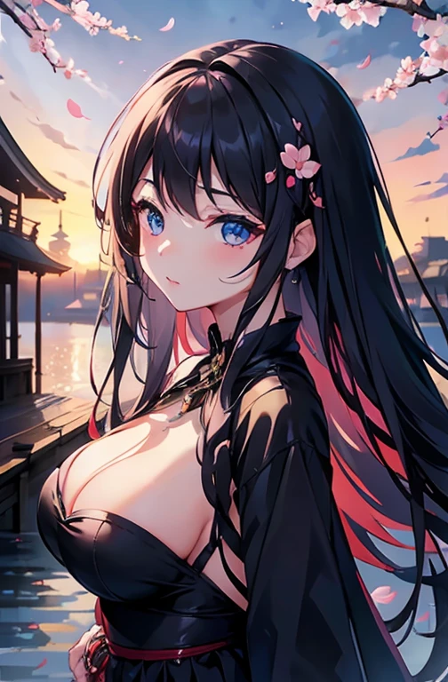 1 female、whole body、lower angle、Long black hair,Big Breasts、Long Hair、Well-groomed face、Black Lips、blue eyes、Blue clothes、valley、slim、mini skirt、cherry blossoms、cherry blossoms吹雪、petal、Kyoto、old buildings、night、full moon、masterpiece、Ultra-high resolution、delicate、Perfect lighting、sunlight、16K