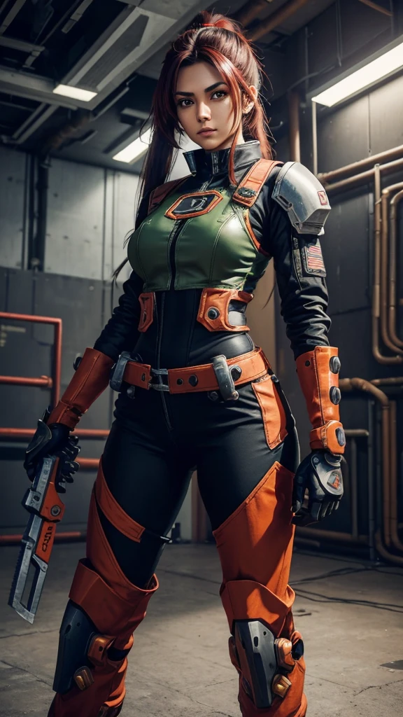 a woman in a mechanic girl costume, a mech arena video game character, the beautiful and tomboyish Neev, with green long hair in a 2-sided ponytail, Neev from Mech Arena, the junker queen of Mech Arena, holding a large red pipe wrench in her right hand, a mechanical girl, a legendary pilot character from the mech arena game, a mech arena pilot character, red and black mechanical punk clothes, on her right waist there is a red futuristic oni type and on her left waist there is a blue futuristic oni mask, standing upright with her left hand on her waist.His right hand holds a large red pipe wrench which is placed on his shoulder