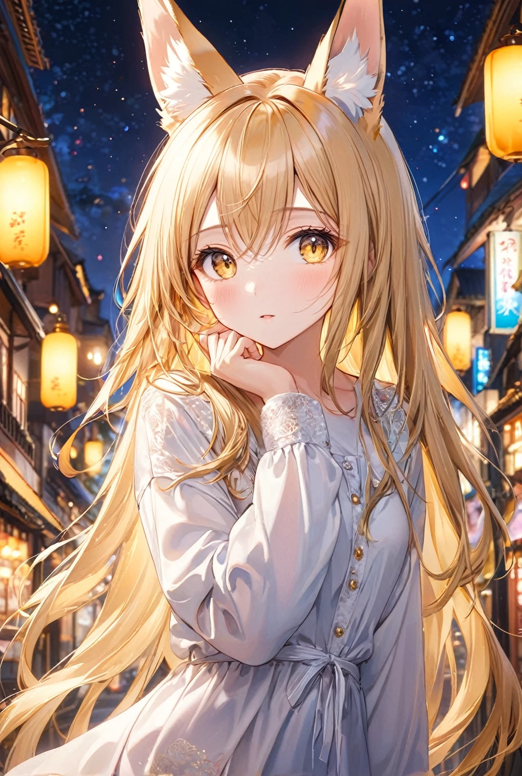 (Highest quality, 8k, 32K, masterpiece, Ultra-high resolution,:1.2),born, One girl,Super cute , The background is night, Clear, shining eyes, Age 25 ,Fair skin, Blonde, Golden Eyes, Slanted Eyes, A beautiful girl like a fox, Long Hair, Fox Ears