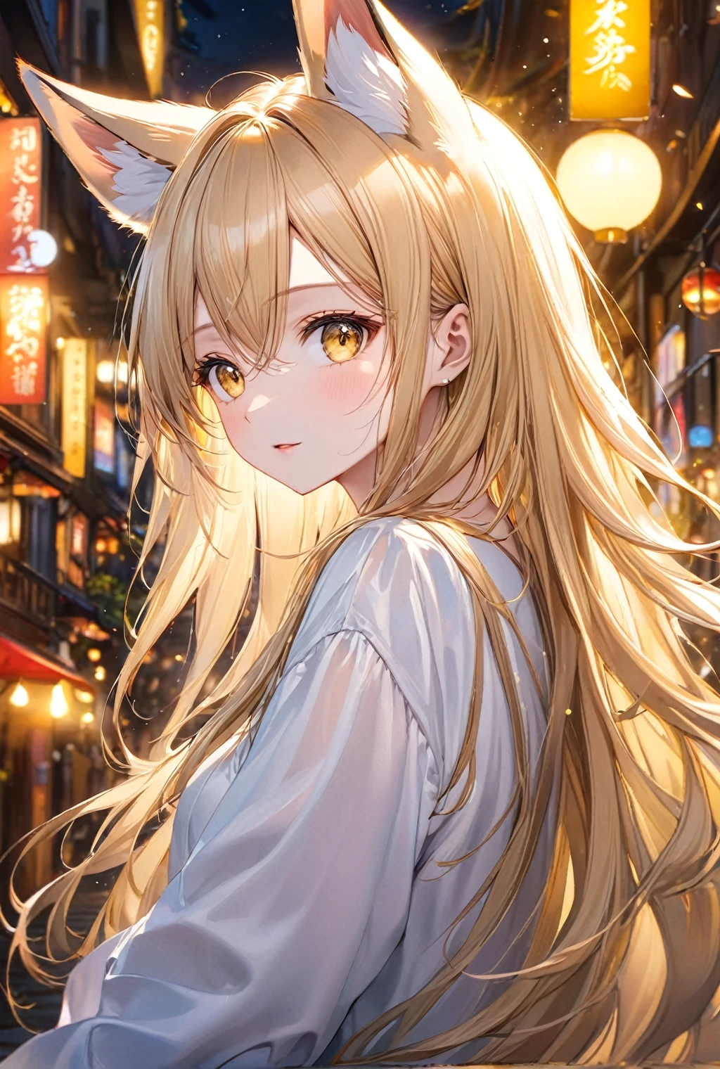 (Highest quality, 8k, 32K, masterpiece, Ultra-high resolution,:1.2),born, One girl,Super cute , The background is night, Clear, shining eyes, Age 25 ,Fair skin, Blonde, Golden Eyes, Slanted Eyes, A beautiful girl like a fox, Long Hair, Fox Ears