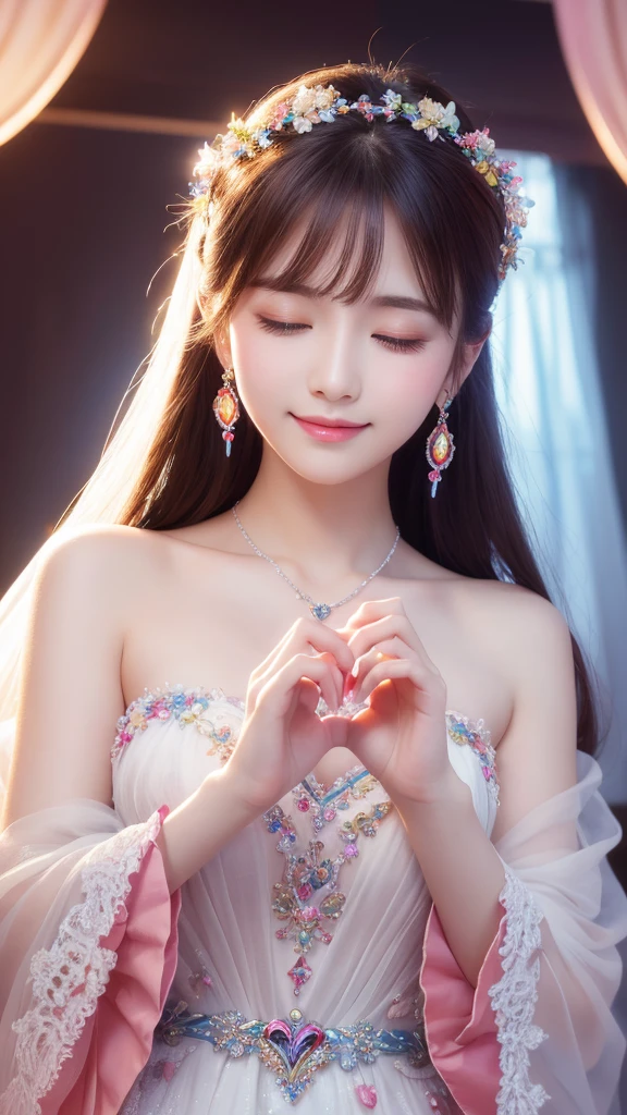 masterpiece、high resolution、High resolution、超High resolution、8k、detailed、loveの女神、love、colorful、Digital Art、Looking at the camera、Holding a heart-shaped glass crystal、Ultra delicate、One eye closed、