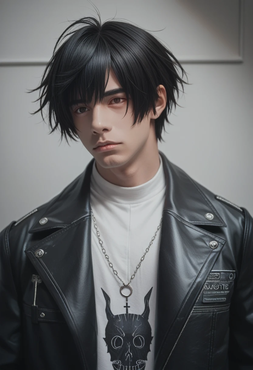 masterpiece, best quality, 1 person, aldult, Male focus, Solitary, Medium black hair, Vibrant dark eyes, Looking at the audience, Shut up, Emo, Fantasy Aesthetics, Very detailed, Shadowverse Style, Leather coat