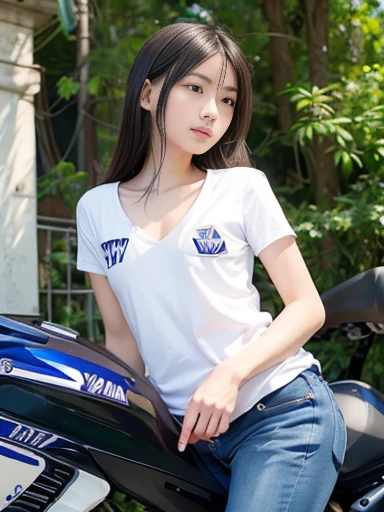 Japanese female, a lot of details, (underweight), detailed black hair, beautiful detailed hair, super fucking beautiful, delicate beautiful face, complex details beautiful and delicate eyes, perfect hands, (flat chest best quality:1.5), perfect and delicate limbs, detailed skin, best quality, ultra-detailed,(street), (YAMAHA motorcycle:1.3), (riding YAMAHA motorcycle:1.6), (blue trunk neck tee), (white jeans), full body shot, from front, ground-level shot