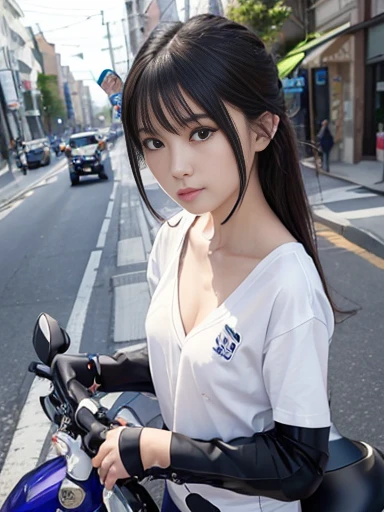 Japanese female, a lot of details, (underweight), detailed black hair, beautiful detailed hair, super fucking beautiful, delicate beautiful face, complex details beautiful and delicate eyes, perfect hands, (flat chest best quality:1.5), perfect and delicate limbs, detailed skin, best quality, ultra-detailed,(street), (YAMAHA motorcycle:1.3), (riding YAMAHA motorcycle:1.6), (blue trunk neck tee), (white jeans), full body shot, from front, ground-level shot