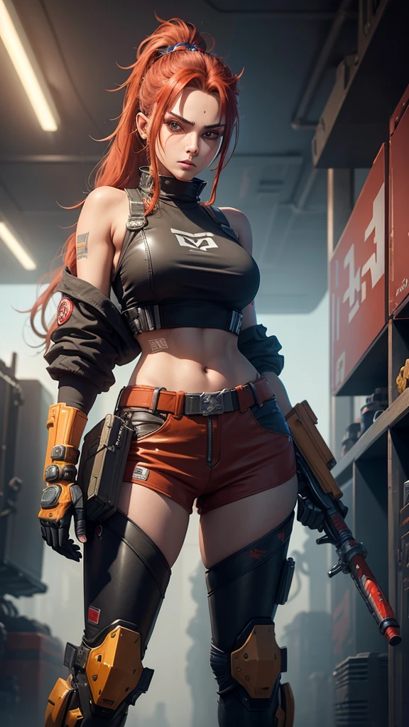 a woman in a mechanic girl costume, a mech arena video game character, the beautiful and tomboyish Neev, with green long hair in a 2-sided ponytail, Neev from Mech Arena, the junker queen of Mech Arena, holding a large red pipe wrench in her right hand, a mechanical girl, a legendary pilot character from the mech arena game, a mech arena pilot character, red and black mechanical punk clothes, on her right waist there is a red futuristic oni type and on her left waist there is a blue futuristic oni mask, standing upright with her left hand on her waist.His right hand holds a large red pipe wrench which is placed on his shoulder