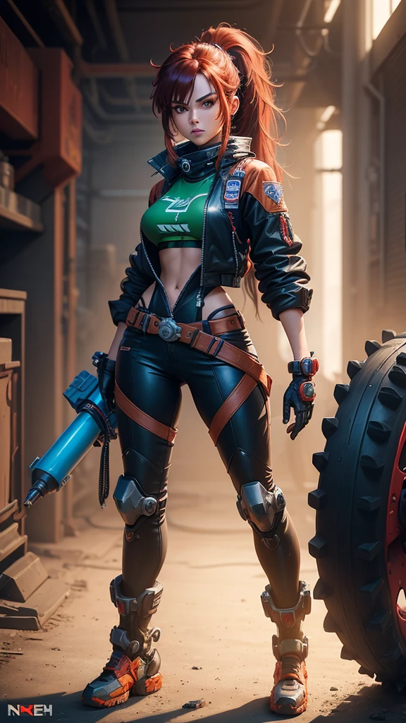 a woman in a mechanic girl costume, a mech arena video game character, the beautiful and tomboyish Neev, with green long hair in a 2-sided ponytail, Neev from Mech Arena, the junker queen of Mech Arena, holding a large red pipe wrench in her right hand, a mechanical girl, a legendary pilot character from the mech arena game, a mech arena pilot character, red and black mechanical punk clothes, on her right waist there is a red futuristic oni type and on her left waist there is a blue futuristic oni mask, standing upright with her left hand on her waist.His right hand holds a large red pipe wrench which is placed on his shoulder