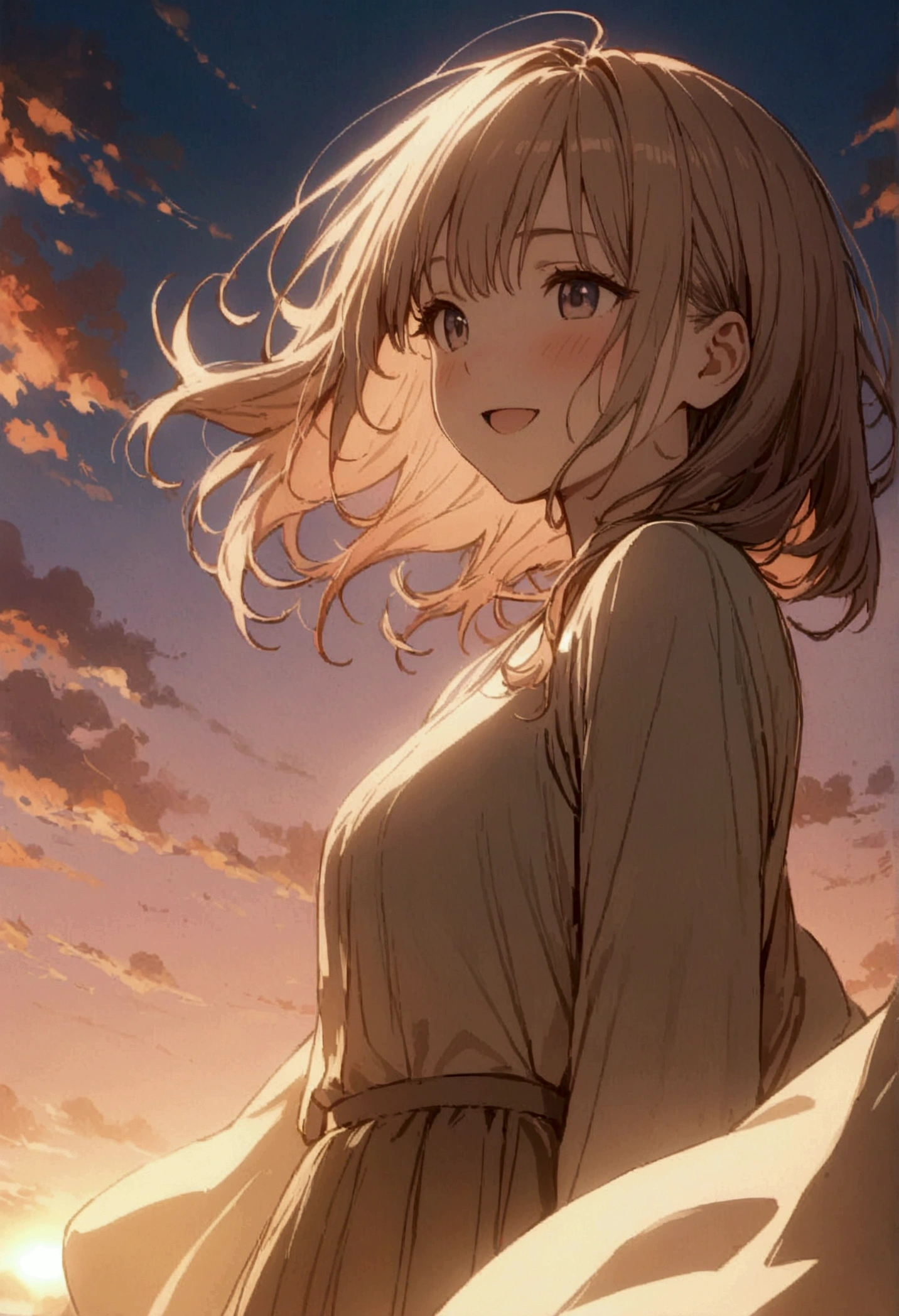 masterpiece, Highest quality, Movie stills, One Girl, Cloud Girl, Floating in the sky, close, bright, Happy, Warm and soft lighting, sunset, (spark:0.7)