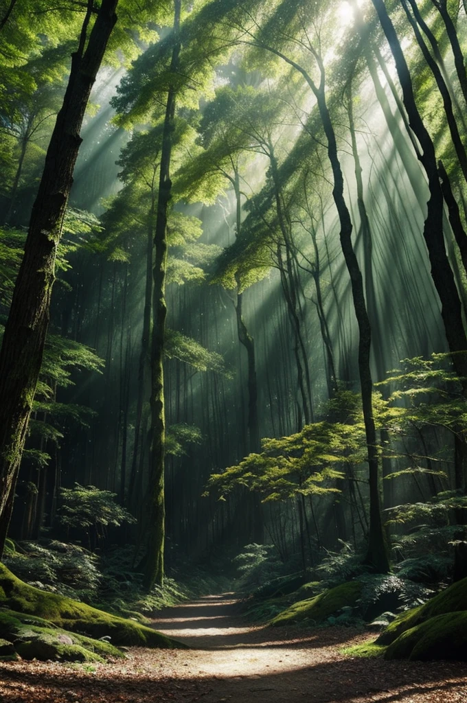 I want a primeval forest. I want a primeval forest with cool tones and cool tones. There will be sunlight.