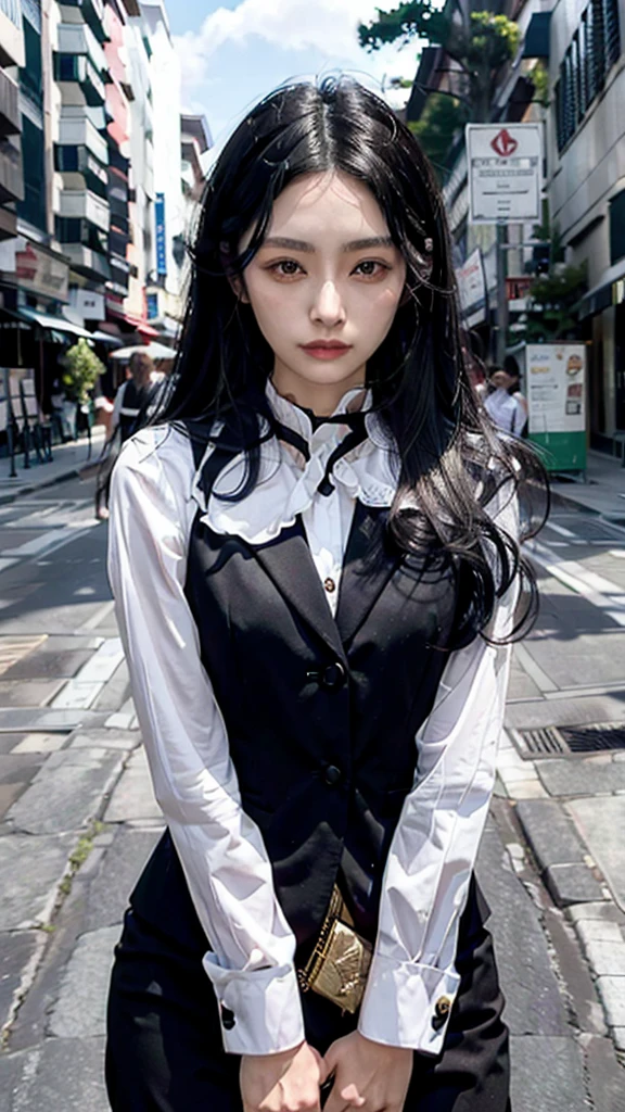 (full figure:1.1), 1 girl as yukino yukinoshita, absurdres, highres, solo, school uniform, big breasts, waist long black hair, (twintails:0.5), miniskirt, (black thighhigh socks:1.1), loose red ribbon, unbuttoned white shirt, (ahegao:1.2), (rolling eyes:1.2)