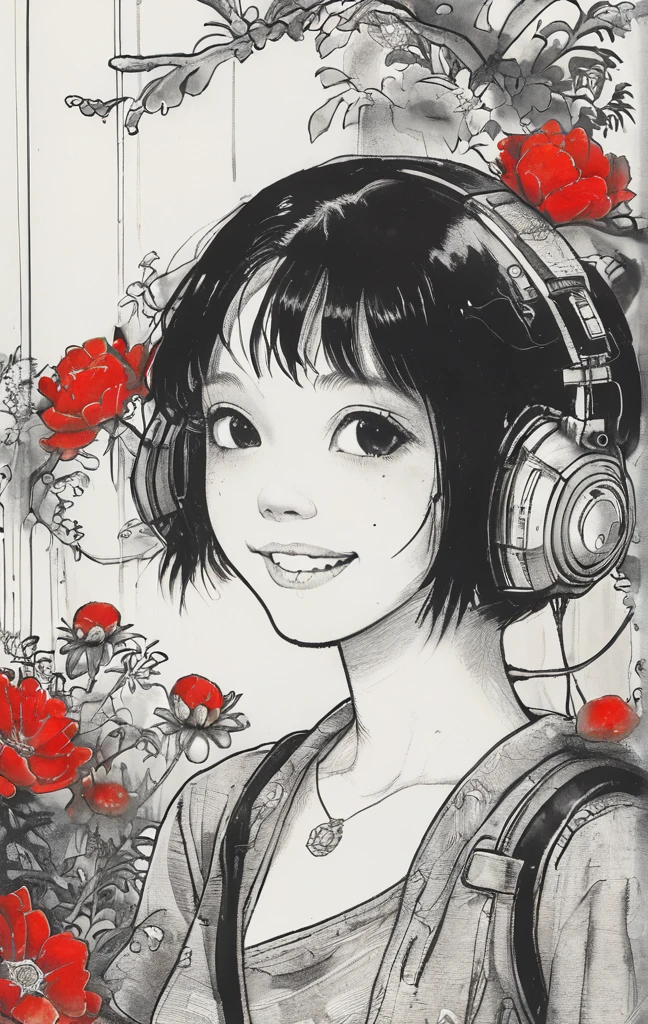 a cartoon drawing of a girl with her hair in her face with flowers behind her, One girl, alone, smile, close your eyes, short hair, flower, Open your mouth, red monochrome