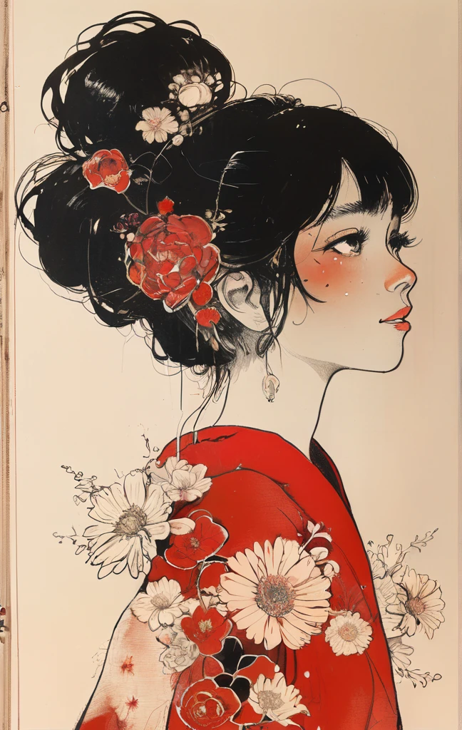 a cartoon drawing of a girl with her hair in her face with flowers behind her, One girl, alone, smile, close your eyes, short hair, flower, Open your mouth, red monochrome