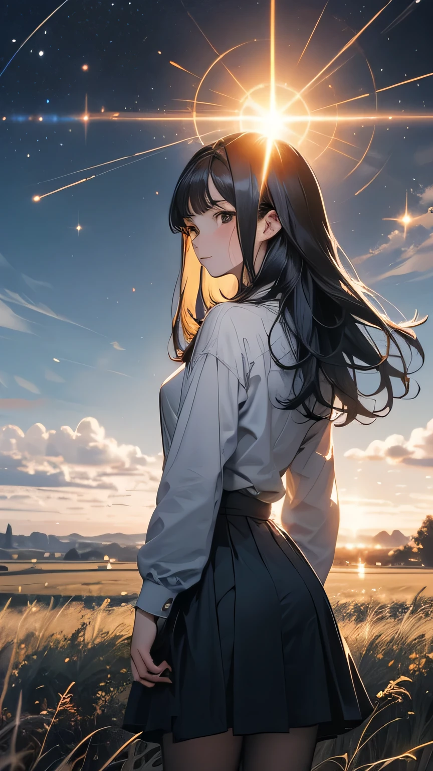Hair in the air, Rear view, Look at the sun, 空にはuniverse船がある, three suns, Black Hair Girl, 12-year-old girl, Standing in the grassland, landscape, universe, 8k, Super Detail