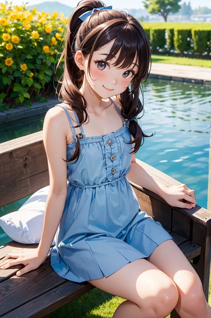 (masterpiece, Highest quality, detailed:1.3),(photograph:1.3), HD transparent background, Attention to detail,cute,One Girl, cute表情, smile,、Sparkling eyes,The audience is,(small),smile, Perfect Face,cute,Full body portrait,Hair tied up,camisole, garden, bench, Day, Dokasumi, Redhead, Long Hair, ponytail, Brown eyes, Hair Ribbon