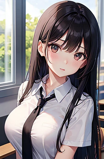 Highest quality, High resolution,thin、Brown eyes、expensive、Long black hair,Big Breasts、Straight hair、School、classroom、uniform、White blouse、22 years old、Grey tie
