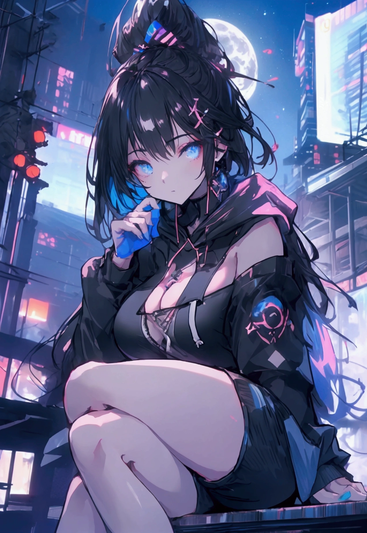 Using a laptop、Beautiful Face、Beautiful legs、Black Hair、On the roof、full moon,neon.hoodie,Sitting、engineer、Giant woman looking down on a building