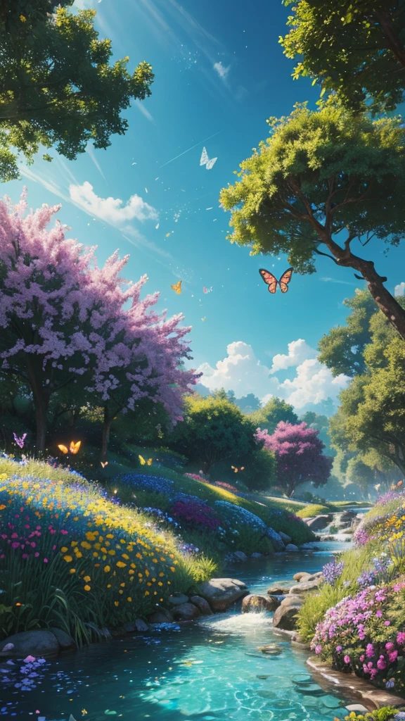 masterpiece, Best Quality, high quality, extremely detailed CG unity 8k wallpaper, an extremely colorful and purely fantastic environment with vibrant hues and bright sky, bright green grass landscape, colorful trees, bright fruits, and bright blue flowers. The streams are a deep shade of blue., and the air is filled with sweet exotic aromas. the environment seems straight out of a dream, with luminescent butterflies and giant colorful birds flying, award-winning photography, bokeh, depth of field, HdR, bloom, chromatic aberration ,photorealistic,extremely detailed, trend in artstation, trend on CGSociety, Intricate, High detail, dramatic, mid-journey art