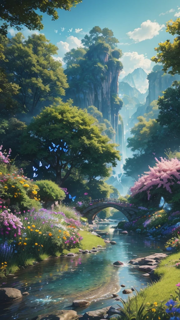 masterpiece, Best Quality, high quality, extremely detailed CG unity 8k wallpaper, an extremely colorful and purely fantastic environment with vibrant hues and bright sky, bright green grass landscape, colorful trees, bright fruits, and bright blue flowers. The streams are a deep shade of blue., and the air is filled with sweet exotic aromas. the environment seems straight out of a dream, with luminescent butterflies and giant colorful birds flying, award-winning photography, bokeh, depth of field, HdR, bloom, chromatic aberration ,photorealistic,extremely detailed, trend in artstation, trend on CGSociety, Intricate, High detail, dramatic, mid-journey art