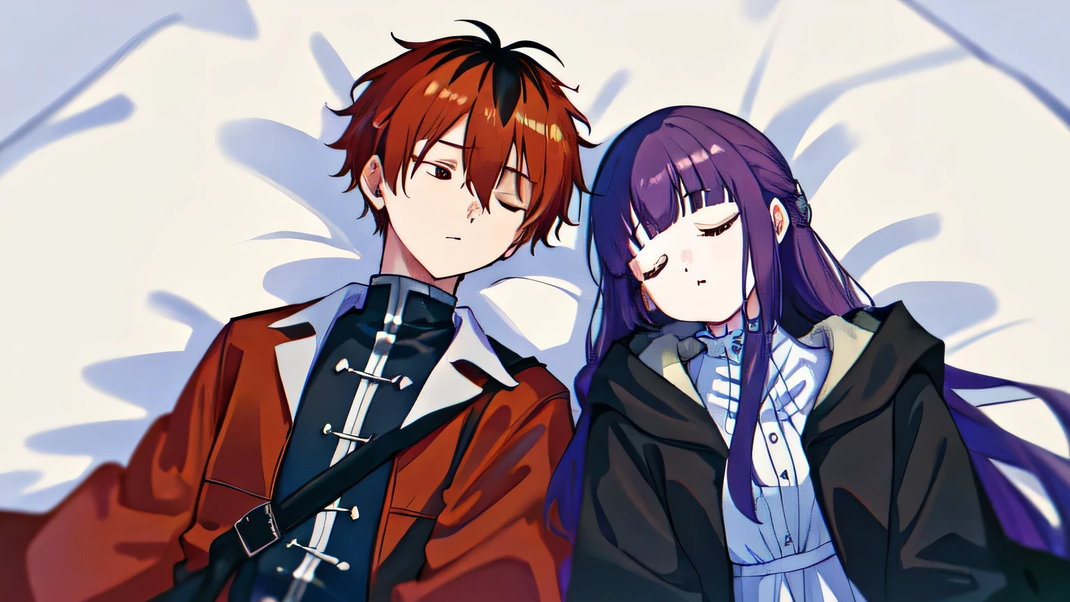 masterpiece, Highest quality, High resolution,
1 Girl Fern, Black jacket、White Dress,
1 Boy Stark, Red jacket, open clothes, black pants,
sleep on someone
