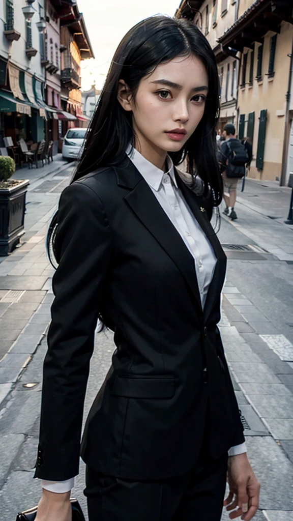 30 years old wide jaw sharp nose thick eyebrows straight long black hair European girl in suit
