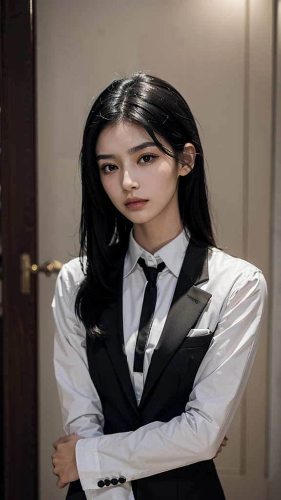 30 years old wide jaw sharp nose thick eyebrows straight long black hair European girl in suit