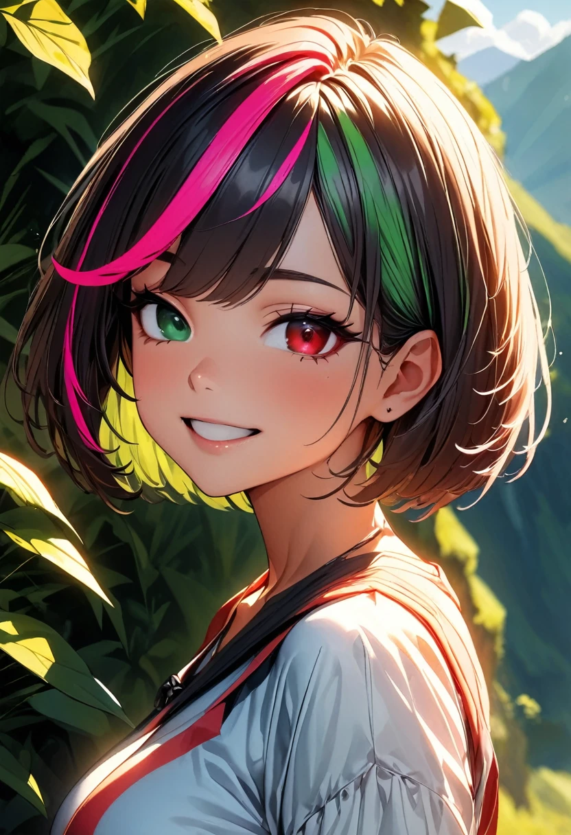 (highest quality:1.2, Very detailed, up to date, Vibrant, Ultra-high resolution, High Contrast, masterpiece:1.2, highest quality, Best aesthetics), Portraiture、girl、solo, (25-years-old:1), slim, heterrochromia, green eye, red eye, happy, hiking in the summer green mountains, trekking wear and hiking shoes, Bright colors、Beautiful fine details、Beautiful lip detail、extra short hair, ((bob cut:1.5))、pink and purple, ((streaked hair:1.9)), (highlights hair: 1.6), (medium breast:0.7), (tan skin:0.5), cowboy shot:1,