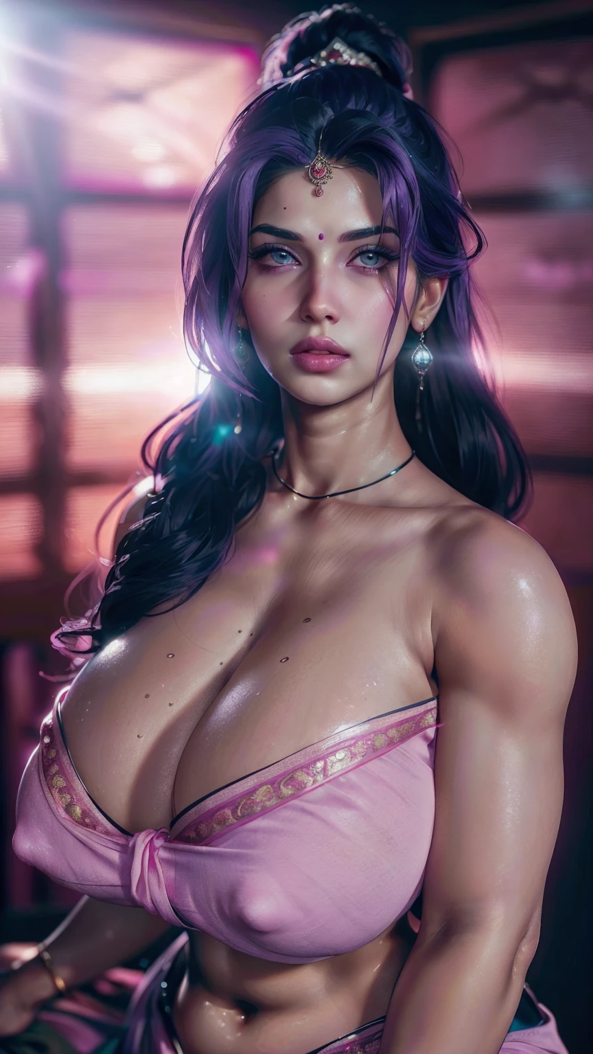 ((Indian milf, indian woman, milf)), (((ultra realistic))) Photo, masterpiece, top quality, (pale skin), (Ultra detailed face and eyes:1.2), 1 girl, Adult, ((in one size too small saree)), strapless saree blouse, ((very heavy eye makeup, pink mascara)), ((fake detailed lips)), ((Pink wavy hair)), ((Stylish hairstyle)) , (({Enormous|Gigantic|Big|Huge|Mega|Fake} pushed-up breasts)), (very slim waist). ((very huge cleavage)), photoshoot, (Soft) Lighting, (The play of light and shadows), depth of field, bokeh, (special attention to skin detail: 1.2), (special attention to enormous breast size: 1.2), (((special attention to extra tight clothing size: 1.2))), Detailed texture, skin pores, oily skin. (Erotic atmosphere of the frame. Color range - purple, Pink, Tons), UDR, ((Film grain)), ((rays)), (Glare), ((upper body body)) , ultra detialed,massive sharp ointy nipples,cum over breast