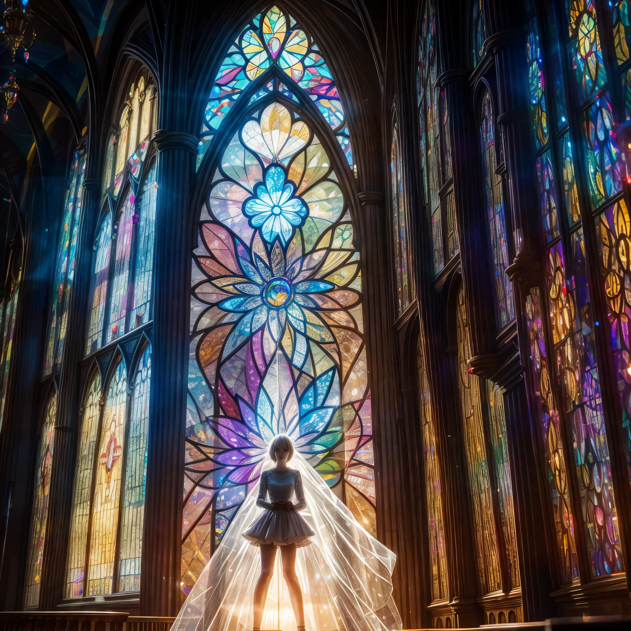  (Cathedral from below:1.28) (ZoomLayer) TopQuality 8K masterpiece of ((Professional photo)), (((Clarisse de Cagliostro))) (Detailed White WeddingDresses), Chain, (((Extremely detailed KAWAII face))) {((VeiledFace))|BlondeHair|(Elaborate BuleEyes)with(SparklingHighlights:1.28)}, The background is distant (((Elaborate stained glass))) Rainbow Glass, {(MysticSight)|EnchantingAtmosphere|Haze|(GodRays)|TyndallEffect}, Radiant PearlSkin with Transparency, (Exposed:0.39)