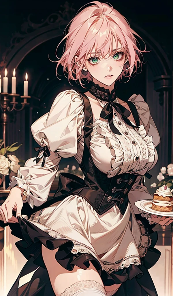 Please follow the all prompts below exactly and faithfully, masterpiece, Maximize highest quality:1.5, maximize highest beautiful anime style digital illustrations:1.5, maximum resolution, UHD, 16K, 1080p, ultra highest clear details, smooth, soft and clearly and beautiful skin texture and hair texture:1.5, highest beautiful detailed eyes texture:1.5, Amazing dynamic movement:1.5, Beautiful backgrounds with depth of field, Most beautiful natural light, Rule of thirds, Maximize every effect and present it in the ultimate quality, 1slut, sexy, Cool beauty, 25years old, beautiful face sharp, elegant mature woman, Ultimate perfect body style, beautiful beautiful big breasts, Maximize upturned breasts, beautiful green eyes, shiny light pink hair, short hair, Shag cut, (eyes visible through hair:1.3), glossy very thick lips, pink lipstick, Obscene smile:1.5, A waitress in a fascinating and unique attire, an ornate apron dress with lace and frills in lavender, a V-neckline with lace trim, fitted bodice with decorative buttons, puffed sleeves with lace hems, a layered mini skirt with ruffles and lace accents, knee-high socks with lace edges in white, holding a tray with a variety of desserts, dynamic stance, background of a bustling café with patrons,