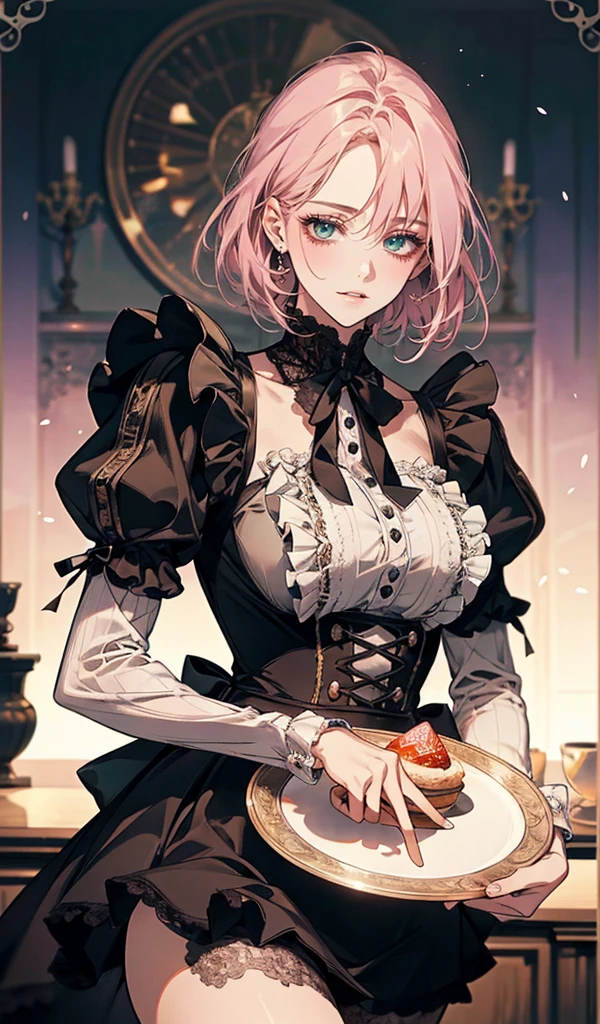 Please follow the all prompts below exactly and faithfully, masterpiece, Maximize highest quality:1.5, maximize highest beautiful anime style digital illustrations:1.5, maximum resolution, UHD, 16K, 1080p, ultra highest clear details, smooth, soft and clearly and beautiful skin texture and hair texture:1.5, highest beautiful detailed eyes texture:1.5, Amazing dynamic movement:1.5, Beautiful backgrounds with depth of field, Most beautiful natural light, Rule of thirds, Maximize every effect and present it in the ultimate quality, 1slut, sexy, Cool beauty, 25years old, beautiful face sharp, elegant mature woman, Ultimate perfect body style, beautiful beautiful big breasts, Maximize upturned breasts, beautiful green eyes, shiny light pink hair, short hair, Shag cut, (eyes visible through hair:1.3), glossy very thick lips, pink lipstick, Obscene smile:1.5, A waitress in a fascinating and unique attire, an ornate apron dress with lace and frills in lavender, a V-neckline with lace trim, fitted bodice with decorative buttons, puffed sleeves with lace hems, a layered mini skirt with ruffles and lace accents, knee-high socks with lace edges in white, holding a tray with a variety of desserts, dynamic stance, background of a bustling café with patrons,