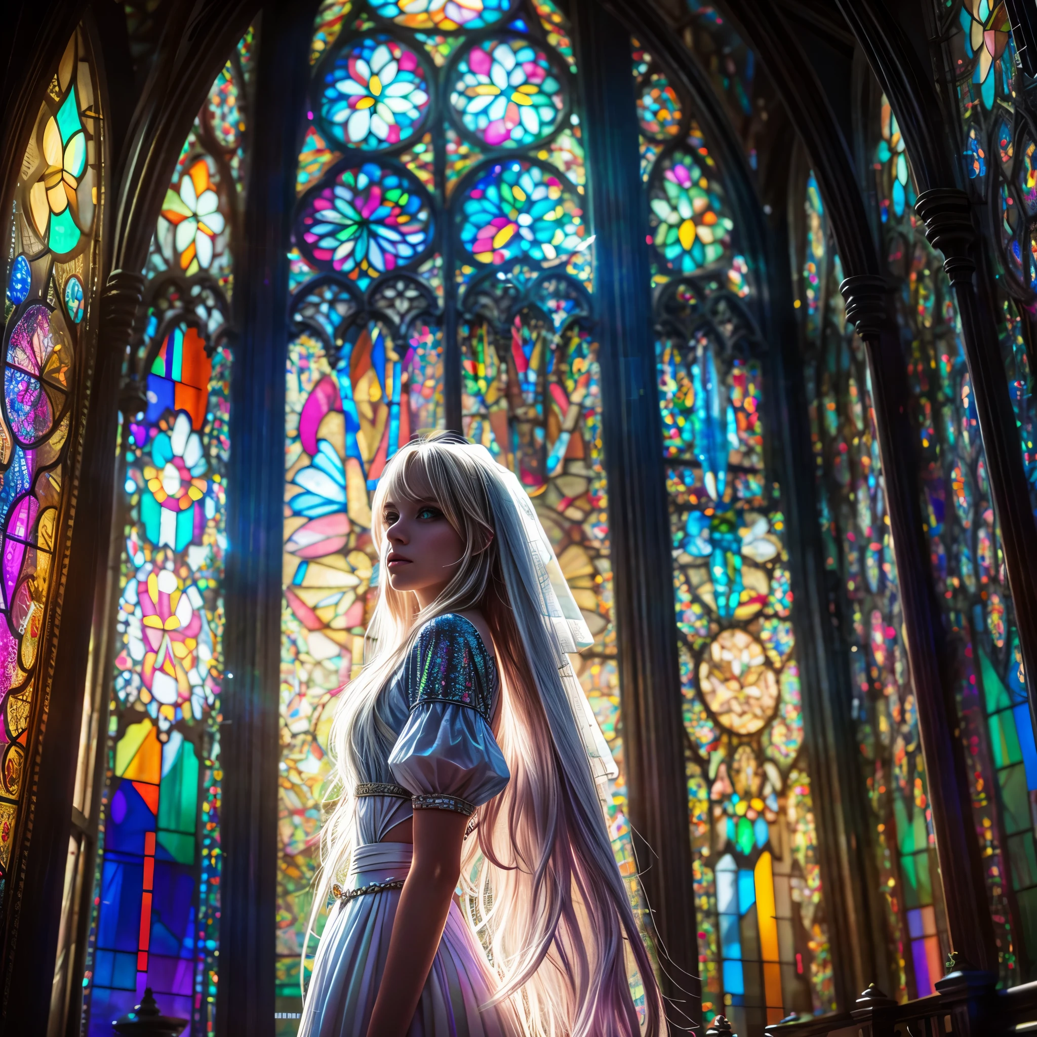 (Cathedral from below:1.28) (ZoomLayer) TopQuality 8K masterpiece of ((Professional photo)), (((Clarisse de Cagliostro))) (Detailed White WeddingDresses), Chain, (((Extremely detailed KAWAII face))) {((VeiledFace))|BlondeHair|(Elaborate BuleEyes)with(SparklingHighlights:1.28)}, The background is distant (((Elaborate stained glass))) Rainbow Glass, {(MysticSight)|EnchantingAtmosphere|Haze|(GodRays)|TyndallEffect}, Radiant PearlSkin with Transparency, (Exposed:0.39)
