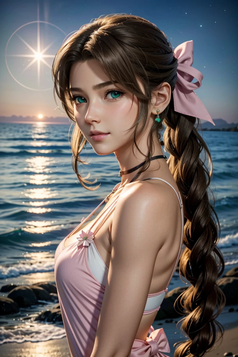 
Aerith,FF7, Long Hair, bangs, Brown Hair, bow, ribbon, jewelry, Green Eyes,  hair ピンクribbon, Braiding, hair bow, Side Lock, choker, necklace, lips, parted bangs, pink bow, Portraiture, Realistic,Super high quality,high quality,masterpiece,Digital SLR,Detailed explanation,Exquisite details,Anatomical basis,Detailed Description,Detailed face,Realistic skin texture,Sharp details,Perfect Anatomy,Perfect Anatomy,Anatomically correct hand,Anatomically correct fingers,Super Detail,Complex 3D rendering,Sexy pose,The beautiful world of Final Fantasy 7,Pink ruffled swimsuit,Wet,Beautiful night sky,A starry sky,Beautiful beaches,Fantastic night beach,shooting star,Fantasy worldview,Picturesque,Pink Lips,smile,Brighten up your expression,