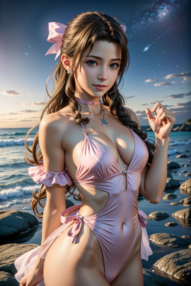 
Aerith,FF7, Long Hair, bangs, Brown Hair, bow, ribbon, jewelry, Green Eyes,  hair ピンクribbon, Braiding, hair bow, Side Lock, choker, necklace, lips, parted bangs, pink bow, Portraiture, Realistic,Super high quality,high quality,masterpiece,Digital SLR,Detailed explanation,Exquisite details,Anatomical basis,Detailed Description,Detailed face,Realistic skin texture,Sharp details,Perfect Anatomy,Perfect Anatomy,Anatomically correct hand,Anatomically correct fingers,Super Detail,Complex 3D rendering,Sexy pose,The beautiful world of Final Fantasy 7,Pink ruffled swimsuit,Wet,Beautiful night sky,A starry sky,Beautiful beaches,Fantastic night beach,shooting star,Fantasy worldview,Picturesque,Pink Lips,smile,Brighten up your expression,